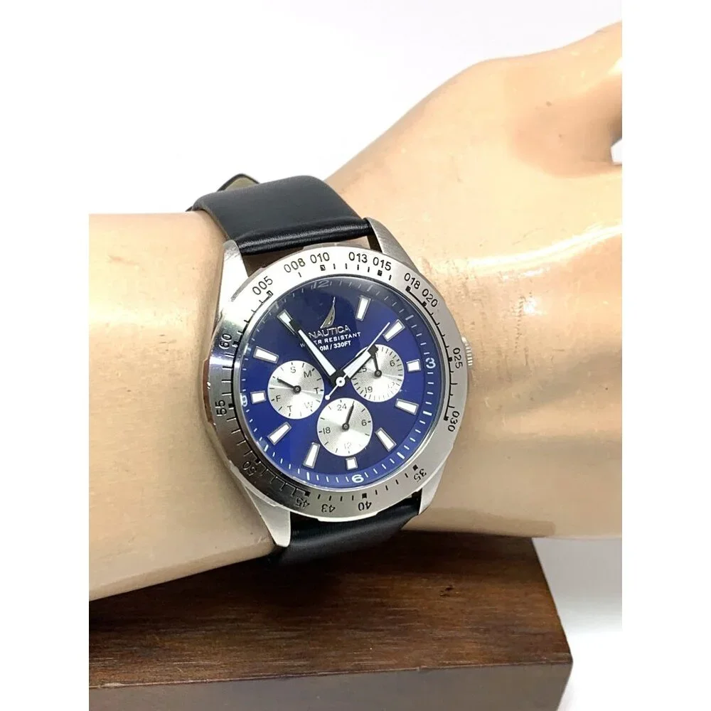 Nautica Men's Watch N11019 Quartz Blue Dial Black Leather Band 43mm